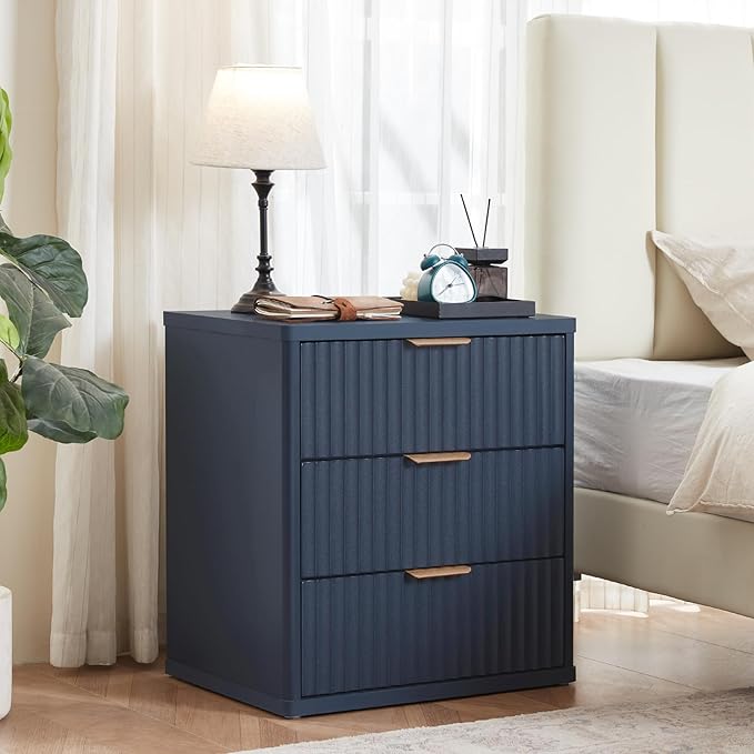 LEYAOYAO 23" Wide Fluted Farmhouse Night Stand Set of 2 with Charging Station, 3 Drawers Large End Table w/Metal Handle,Nightstand Bedside Table,Wood Dresser for Bedroom, Closet,Blue
