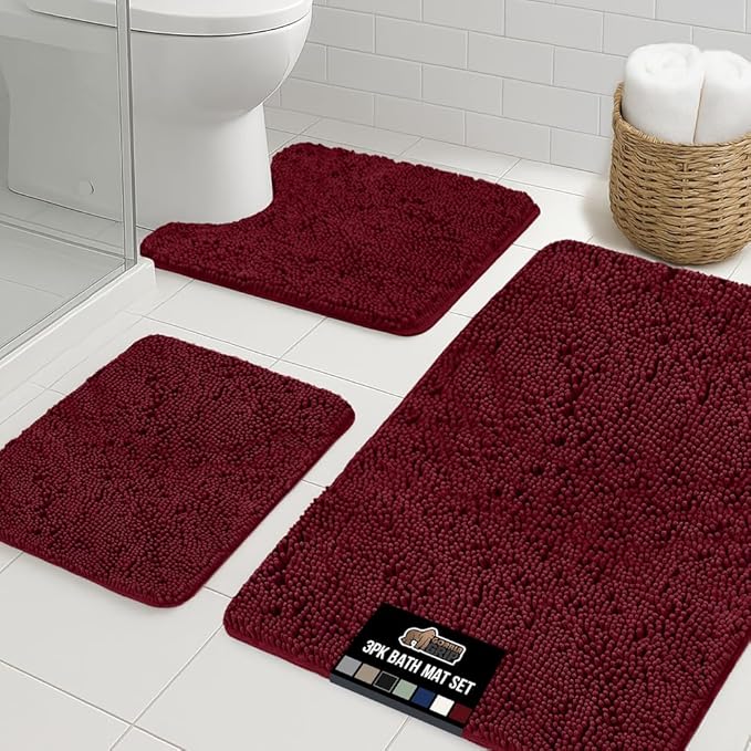 GORILLA GRIP Bathroom Rug Sets 3 Piece, Bath Mat Set and Oval Toilet Base with Rubber Backing, Plush Absorbent Shaggy Chenille Washable Mats, Includes 24x19.5, 24x17 and 36x24 Inch Rugs, Burgundy