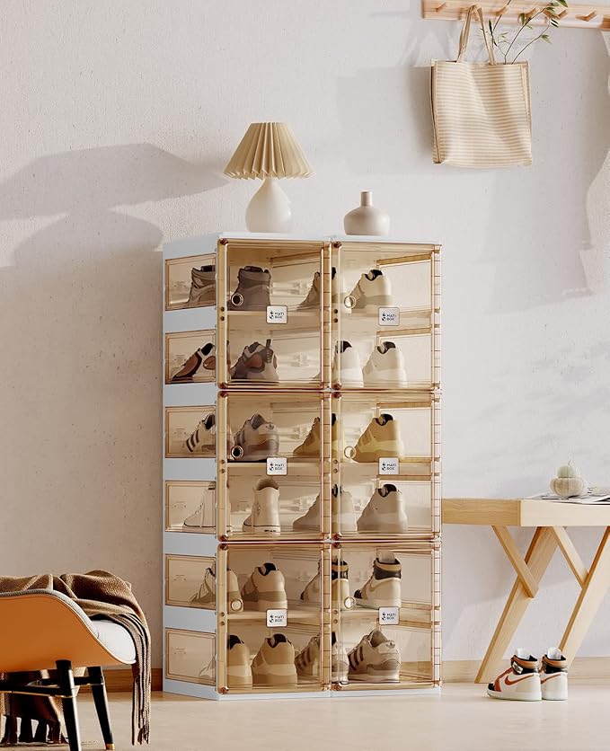 ANTBOX Foldable Shoe Rack,Shoe Organizers for Closet Plastic Shoe Storage Box For Entryway,Living Room,Large Sturdy Stackable Sneaker Cabinet Bins With Magnetic Clear Door 6 Tiers 12 Pairs