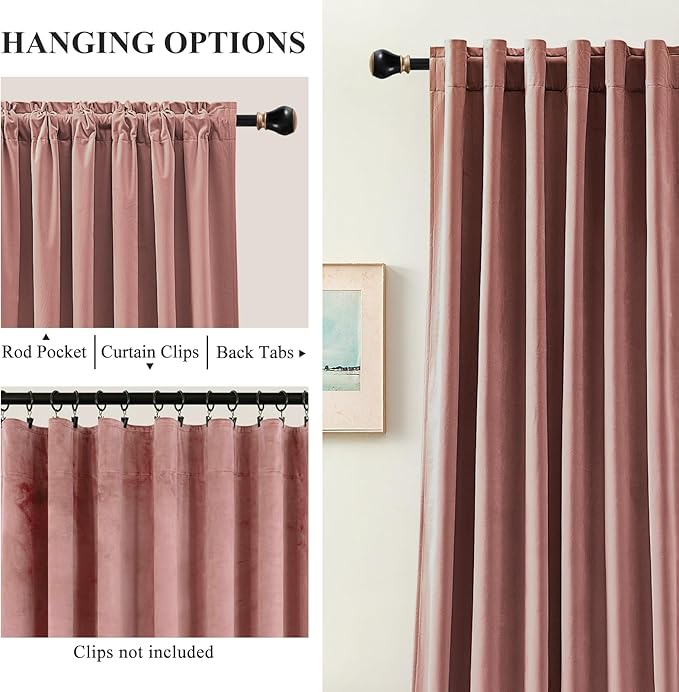 Dusty Rose Pink Velvet Curtains for Girls Bedroom, Thermal Insulated Room Darkening Velvet Curtain 84 Inches Long Luxury Window Drapes for Living Room, Back Tab Rod Pocket, W52 x L84, 2 Panels