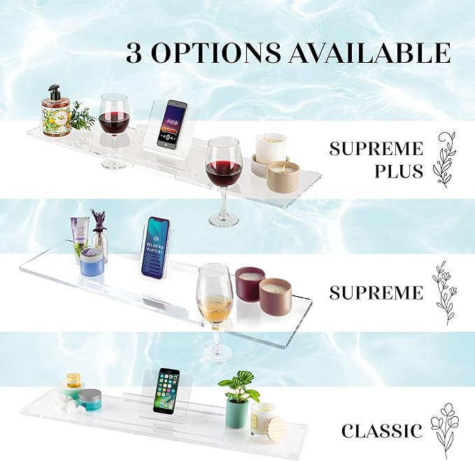 40" Supreme Plus- Luxury Bathtub Tray Caddy- 3/8" Thick, Clear Bath Tub Tray Table for 1 or 2 Bathers, Acrylic Bathtub Caddy, iPad and 2 Wine Glass Holders (Supreme Plus, 40")