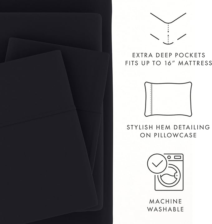 Linen Market Brushed Microfiber Twin XL Sheet Set 3 Piece – Oeko-TEX Certified Ultra Soft & Wrinkle-Free - 16" Deep Pocket Sheets - Easy Care Twin XL Size - Black