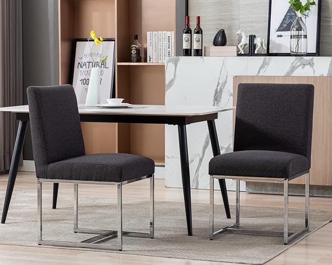 CIMOTA Black Modern Dining Chairs Set of 2, Upholstered Dining Room Chairs Armless Guest Side Chair with Chrome Base for Dining Room/Kitchen, Charcoal Black, 2PCS