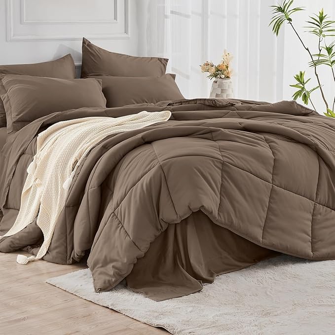JOLLYVOGUE King Comforter Set, Ultra-Soft Bed in a Bag King Size 7 Pieces, Oeko-TEX Certified Bedding Set with Down Alternative Comforter, Sheets, Pillowcases & Shams, Brown