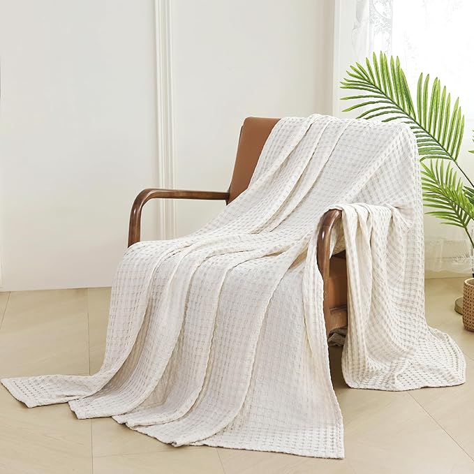 Aganear Waffle Blanket - Lightweight Breathable Summer Blanket of 50% Cotton and 50% Rayon Derived from Bamboo for Hot Sleepers Luxury Throws for Bed, Couch and Sofa,Beige,66x90 Inches