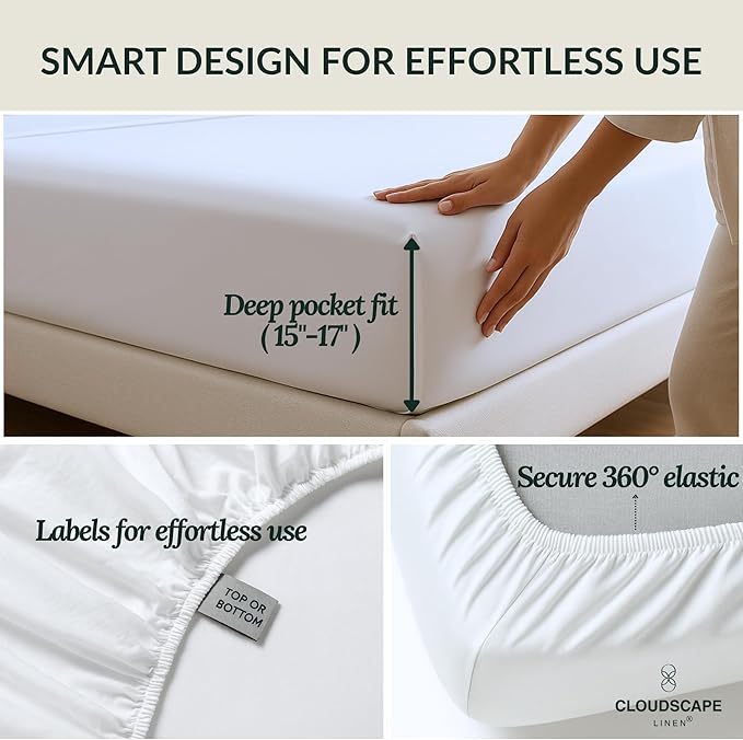 Cloud Scape Linen 100% Egyptian Cotton Sheets for Queen Size Bed, 400 Thread Count, 4 Pieces Bedding Set, Hotel Quality, Silky Soft, Deep Pockets up to 17”, White