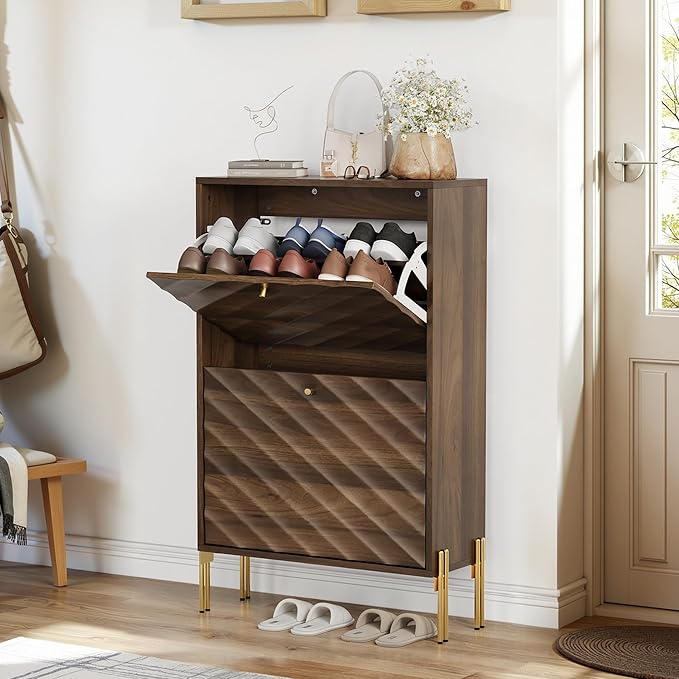 Vibe & Dine 2 Flip Drawer Shoe Cabinet, Modern Shoe Organizer for Entryway Slim, Freestanding Wood Shoe Rack Cabinet for Hallway, Bedroom, Living Room, Black Walnut