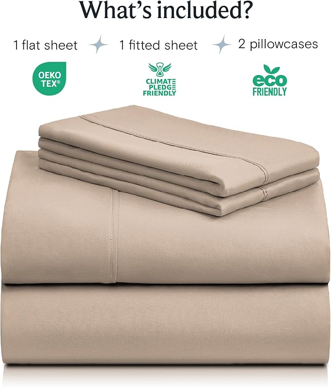 LuxClub 4 PC King Sheet Set, Deep Pockets Wrinkle Free Cooling Bed Sheets Hotel Bedding for Women, Men, Includes 1 Fitted Sheet, 1 Flat Sheet and 2 Pillowcases-Silky Soft Light Khaki