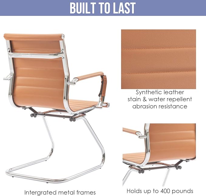 Wahson Office Guest Chairs Set of 4, Leather Reception Chairs, Mid Back Waiting Room Chair, Conference Chairs with Sled Base, Desk Chair No Wheels for Meeting/Lobby/Restroom, Terracotta