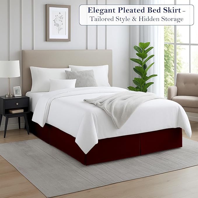 Full Bed Skirt, Luxury 12 Inch Drop Burgundy Pleated Bed Skirt, Double Brushed Microfiber, Box Pleat Design, Wrinkle & Fade Resistant, Easy Fit Tailored Bedskirt for Full Size Beds