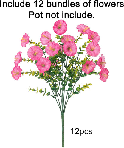 Artificial Flowers for Outdoors Fake Plants Outside Decoration, 12 Bundles Silk Pink Morning Glory with Eucalyptus UV Resistant Look Real Faux Flowers for Planter Front Door Yard Gardens Home