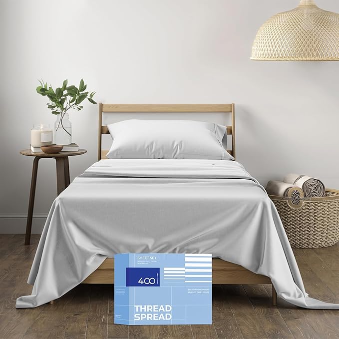 THREAD SPREAD Twin XL Sheets Set Egyptian Cotton - 400 Thread Count 100% Cotton Twin XL Sheet Set, 3 PC Twin XL Sheet, Cooling & Luxury Sateen Sheets, 16" Deep Pocket Extra Soft Cotton Sheets (Silver)