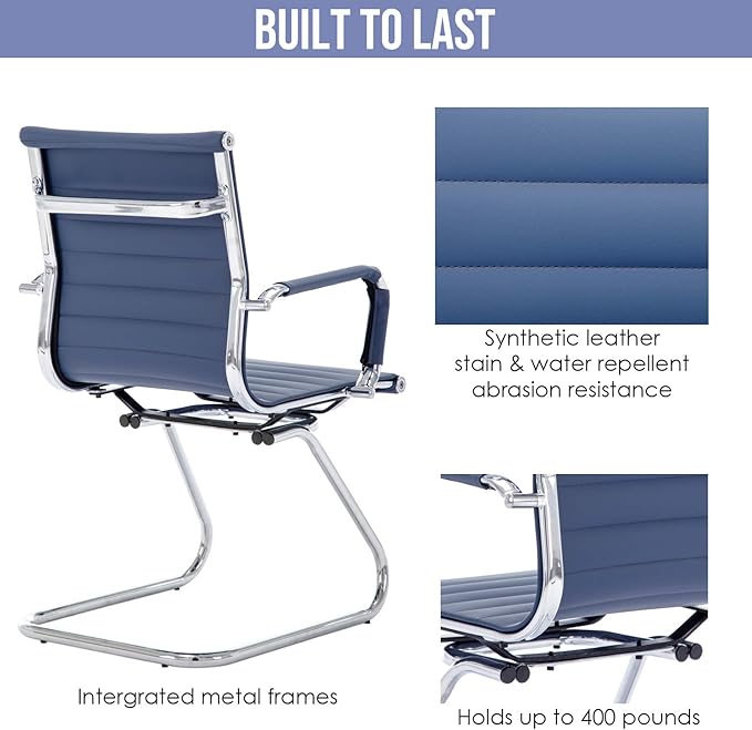 Wahson Office Guest Chairs Set of 2, Leather Reception Chairs, Mid Back Waiting Room Chair, Conference Chairs with Sled Base, Desk Chair No Wheels for Meeting/Lobby/Restroom, Navy Blue