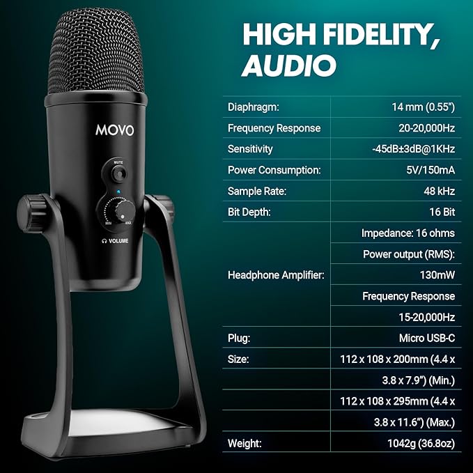 Movo UM700 Computer Condenser USB Gaming Mic with Adjustable Pickup Patterns - Microphone for PC, PS5, Podcasting, Streaming, ASMR