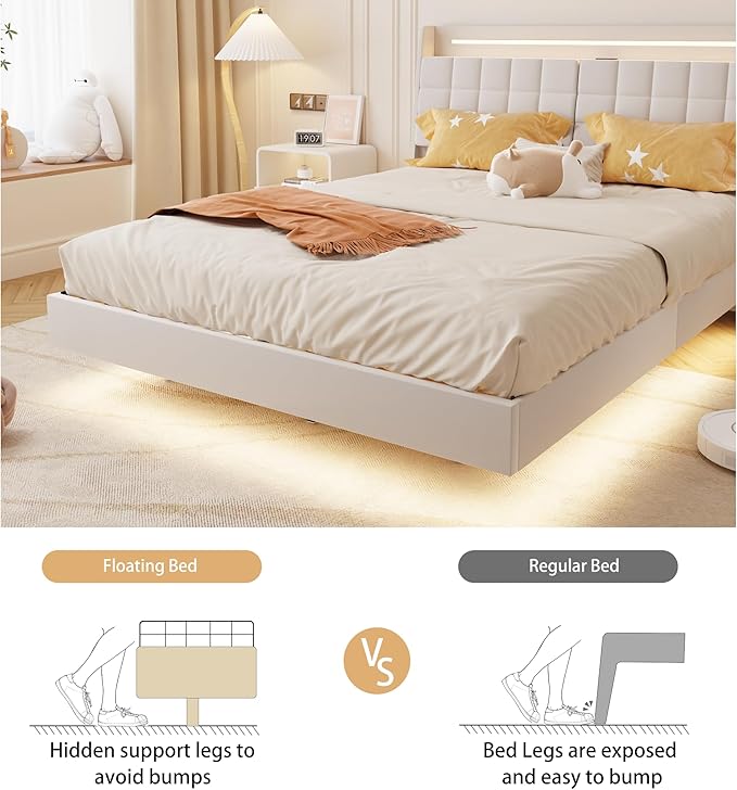 Queen Size Floating Bed Frame with LED Lights & USB Charging Ports, Upholstered Platform Bed with Storage Headboard & Hidden Shelves, Modern Floating Design for Bedroom or Guest Room, Beige