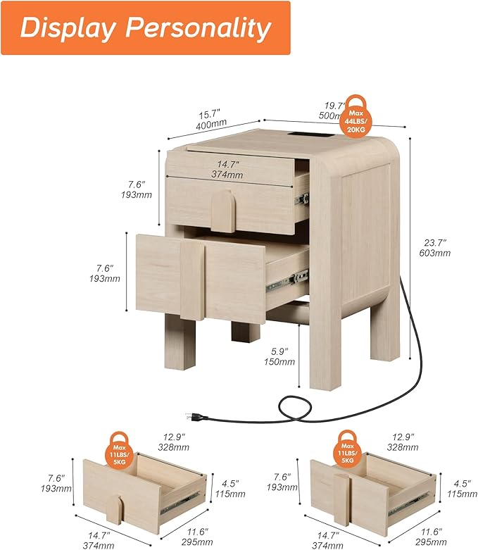 WAMPAT 23.7" Tall Modern Nightstand with Charging Station,Wood Bedside Table w/2 Storage Drawers,Curved Profile Design,Sofa Side Table End Table for Bedroom, Living Room, Beige
