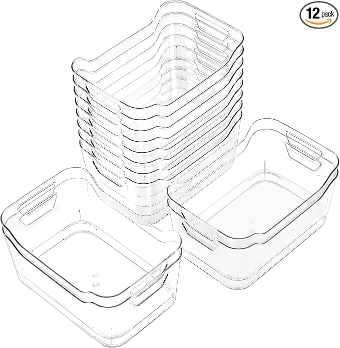 12 Pack Clear Plastic Storage Bins, Pantry Organizers and Storage, Clear Pantry Organizer Bins, Plastic Containers with Handle for Kitchen,Freezer,Cabinet,Closet,Bathroom Under Sink Storage
