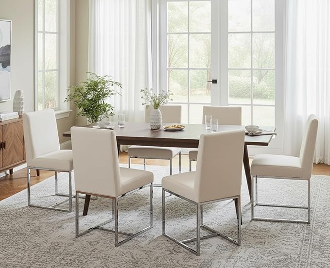 CIMOTA Modern Dining Chairs Set of 8, Upholstered Dining Room Chairs Armless Guest Side Chair with Chrome Base for Dining Room/Kitchen, Beige, 8PCS