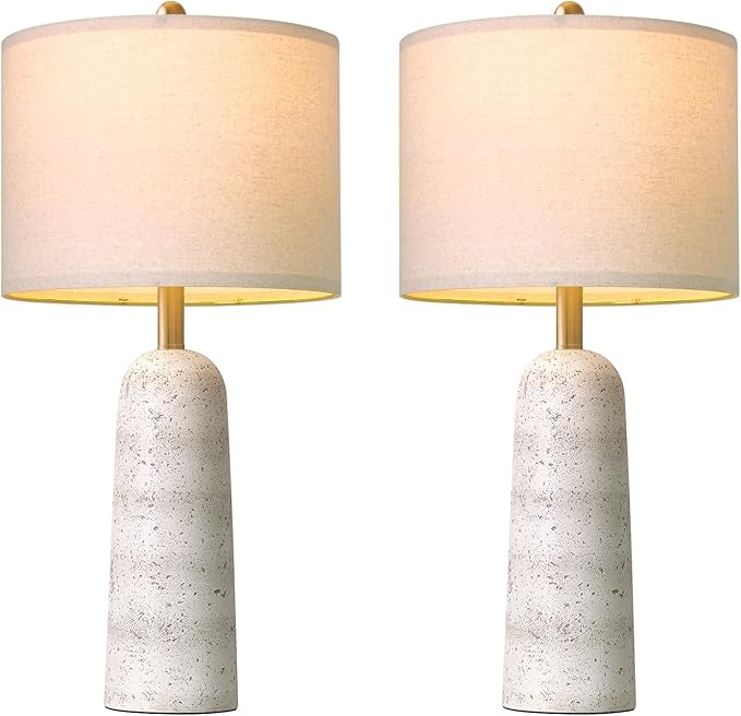 BOBOMOMO 27.25" Modern Table Lamp Set of 2, White Resin Table Lamps with Stone Look, Lamps for Living Room with Linen Shades, Bedside Lamps for Bedroom, Nightstand, Entryway