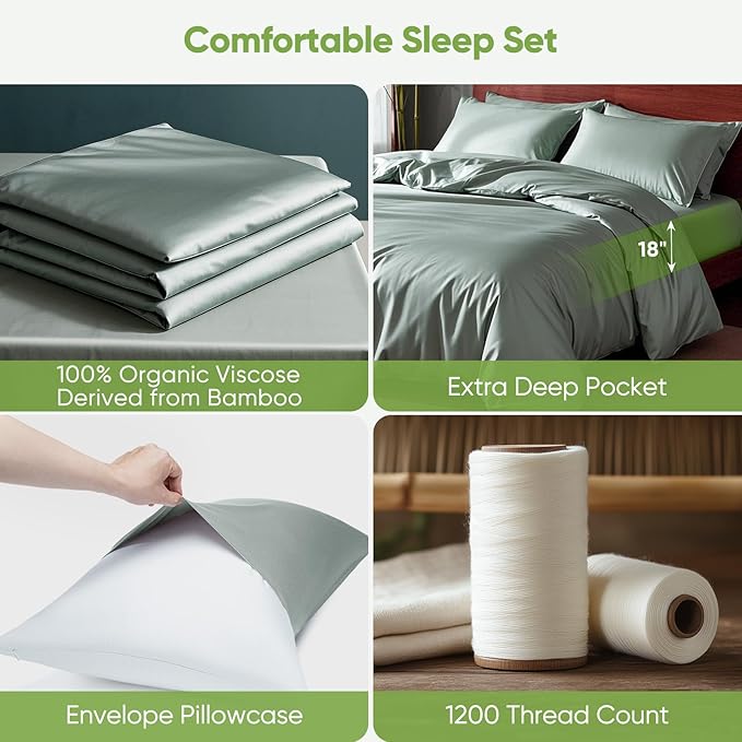 TWK Luxury Sheet Set, Genuine 100% Viscose Derived from Bamboo, Cooling & Breathable, Silky Soft, Bedding Sheets & Pillowcases (Sea Glass, Queen)