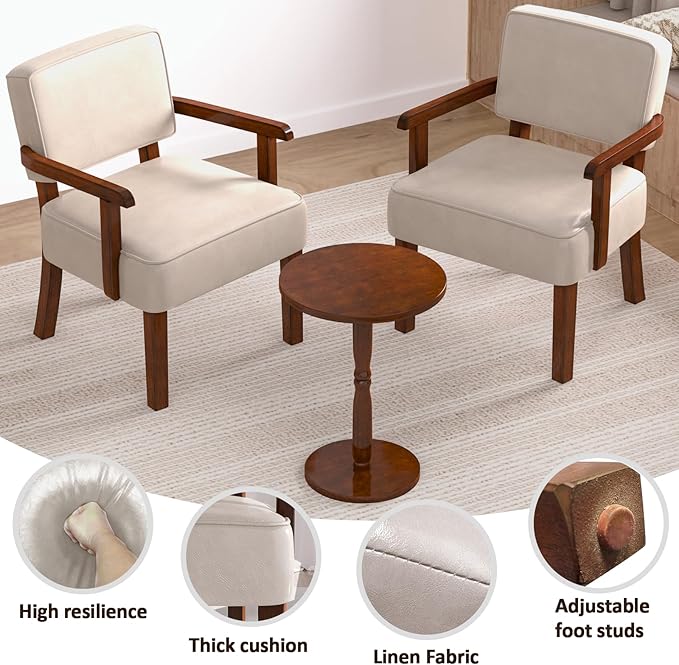Accent Chair Set of 2 with Table, PU Leather Chair for Living Room Oversized Armchair with Soft Seat and Armrests for Bedroom Dinning Reading Waiting Room (Leather Beige)
