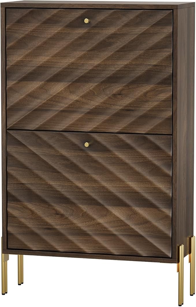 Vibe & Dine 2 Flip Drawer Shoe Cabinet, Modern Shoe Organizer for Entryway Slim, Freestanding Wood Shoe Rack Cabinet for Hallway, Bedroom, Living Room, Black Walnut