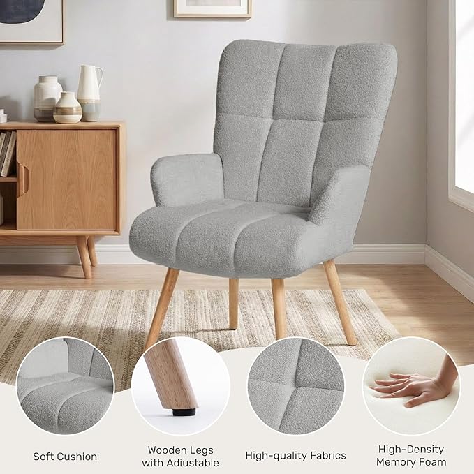 Joysoul Modern Accent Chair, High Back Arm Chair with Wood Legs Sofa Seat Teddy Fleece Fabric Reading Chair for Living Room Bedroom Waiting Room (Light Gray)