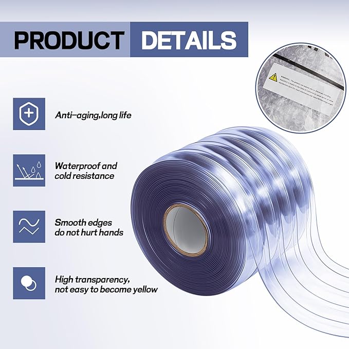 Moukeren Plastic Door Curtain for Winter 50 ft x 8 Inch Thermal Insulated Garage Door Strip Curtains Smooth Waterproof Clear PVC Strip Curtain for Warehouse Freezer Garage, 0.08" Thickness(Striped)