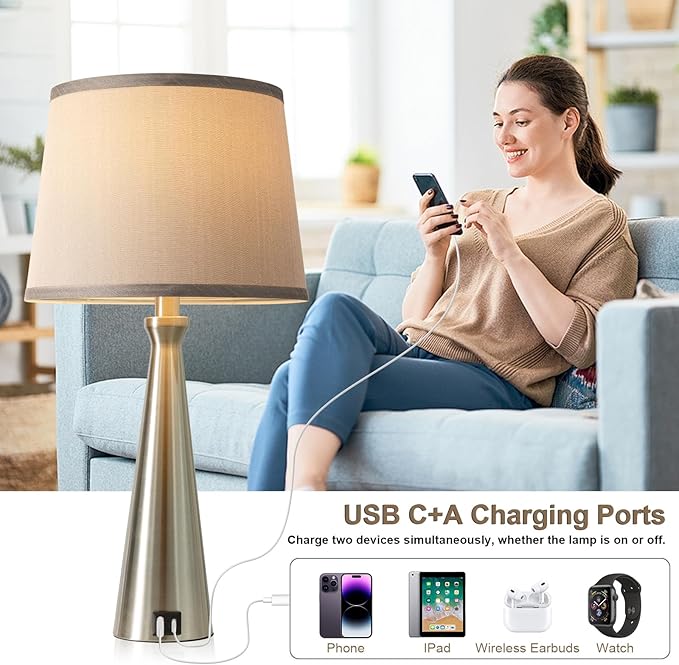 Seealle Modern Table Lamps Set of 2 - Touch Bedside Lamp for Nightstand with Dual USB C+A,3-Way Dimmable Silver Nightstand Lamps for Living Room Bedroom End Table with Grey Shade(Bulb Included)