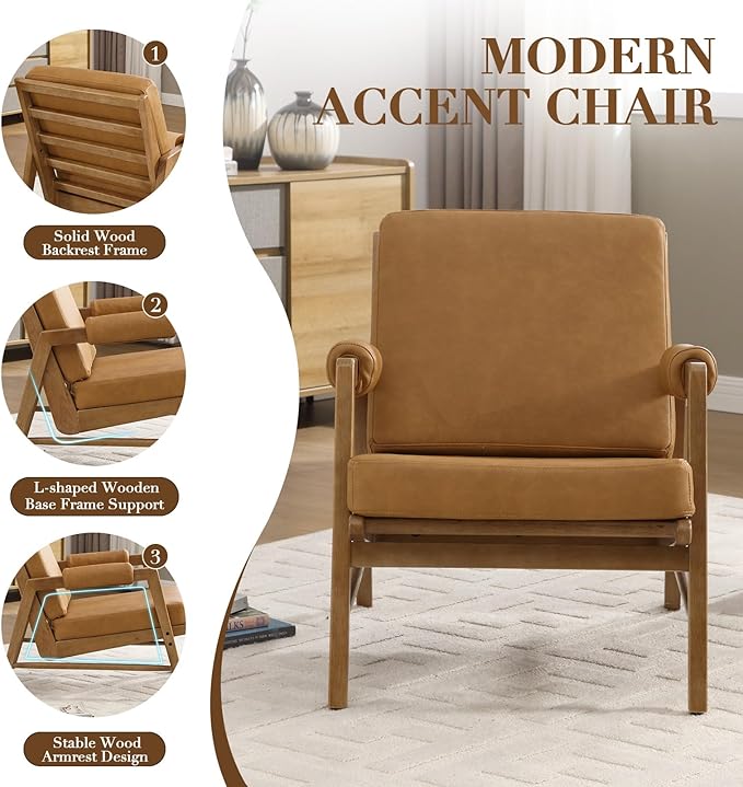 HEAH-YO Modern Accent Chair, Upholstered PU Leather Living Room Chair with Wooden Frame, Comfy Armchair with Thick Cushion for Bedroom Balcony, Brown