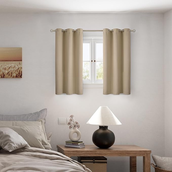 BGment Short 100% Blackout Curtains for Bedroom, Thermal Insulated Energy Efficiency Noise Reducing Grommet Curtains 45 Inch Length with Liner for Small Window 2 Panels Each 42 Inch Wide, Sand