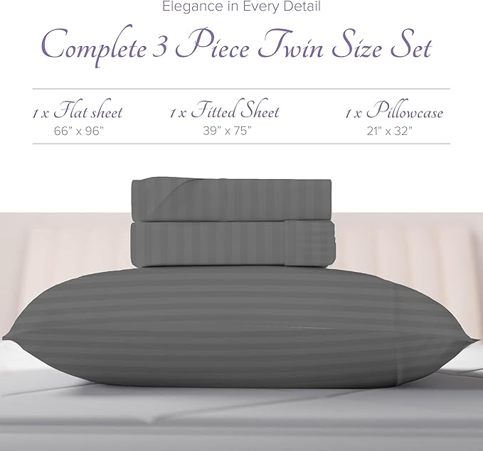 Carressa Linen Luxury Egyptian Cotton Twin Stripe Sheet Set - 600 Thread Count Extra Long Staple 3 PC Set, Twin Damask Sheet, Soft, Cooling Sateen Weave Striped Sheets Upto 18" Deep Pocket - Dark Grey
