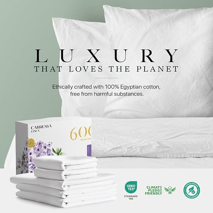Carressa Linen 100% Egyptian Cotton Split King Sheets Sets for Adjustable Bed - 600 Thread Count 5 PC White Top Split King Sheets, 16" Deep Pocket Soft Cooling Sheets for Split King Adjustable Bed