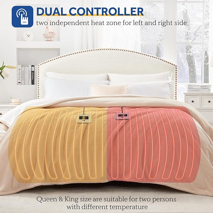 SEALY Electric Blanket Queen Size, Flannel & Sherpa Heated Blanket with 10 Heat Setting & 1-12 Hour Auto Shut Off, Fast Heating Blanket, Machine Washable, Beige, 84 x 90 Inch