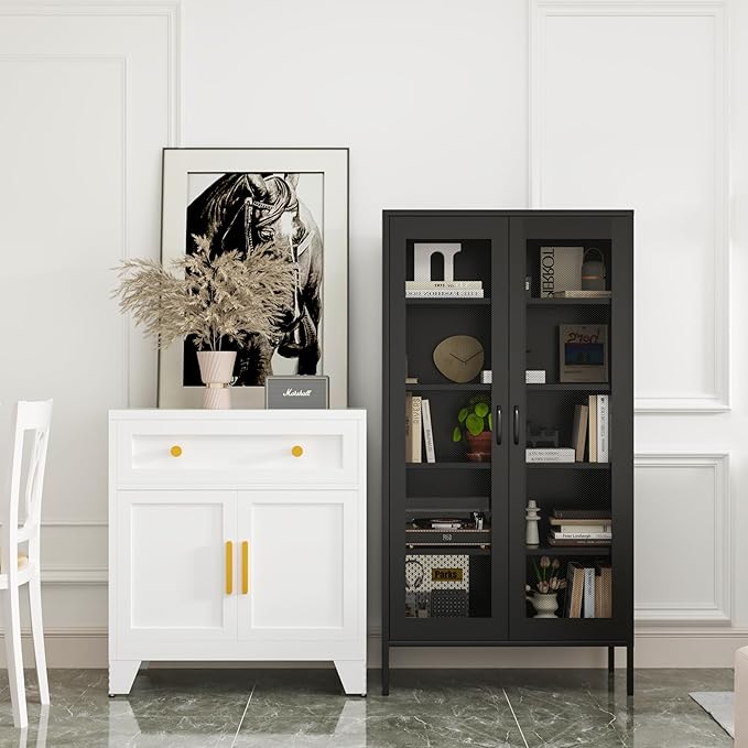 COFaR Modern Mesh Storage Cabinet, Free Standing Tall Pantry, Cupboard Metal Display Cabinet for Living Room, Kitchen, Dining Room