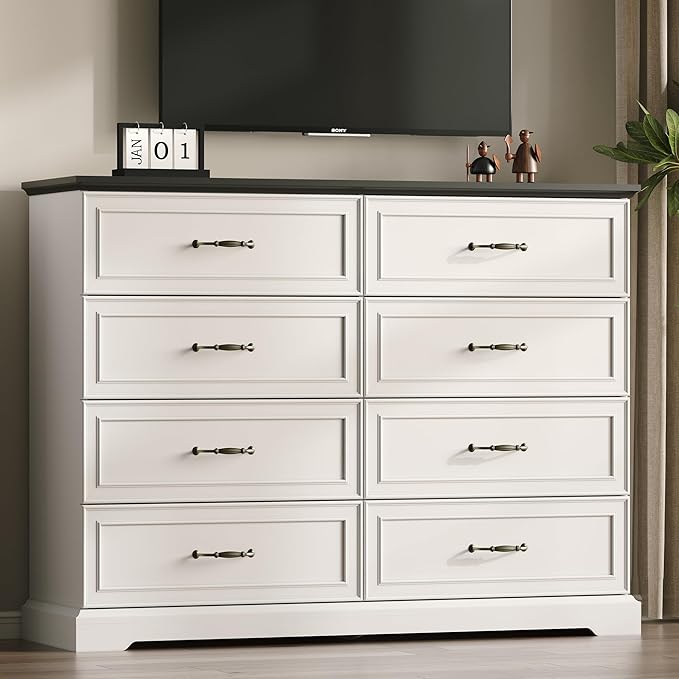 Farmhouse 8 Drawers Dresser for Bedroom, 54" Wide Modern Chest of Drawers with Deep Drawers & Bar Handles, Rustic Wood Dresser TV Stand, Wooden Closet Storage Organizer for Living Room, Hallway, White