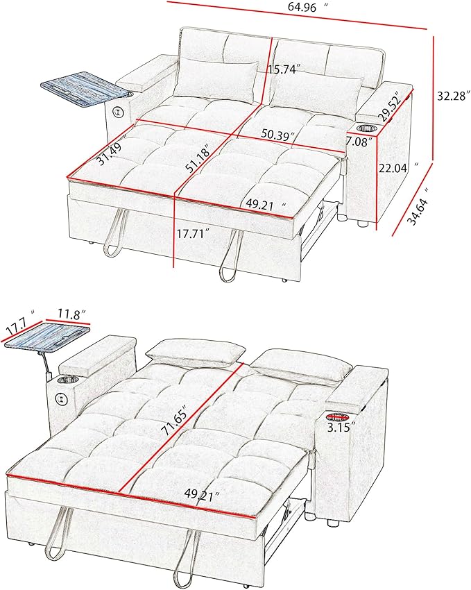 65'' Convertible Sleeper Sofa Bed with Pull-Out Design, 3-in-1 Modern Chenille Fabric Couch with 360° Swivel Side Table, Queen Size, Easy Assembly, for Living Room, White