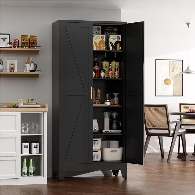 Farmhouse Pantry Cabinet with Barn Doors, 71" H x 31.5" W, 5-Tier Metal Storage Cabinet with 4 Adjustable Shelves for Kitchen Garage Dining Room, Black