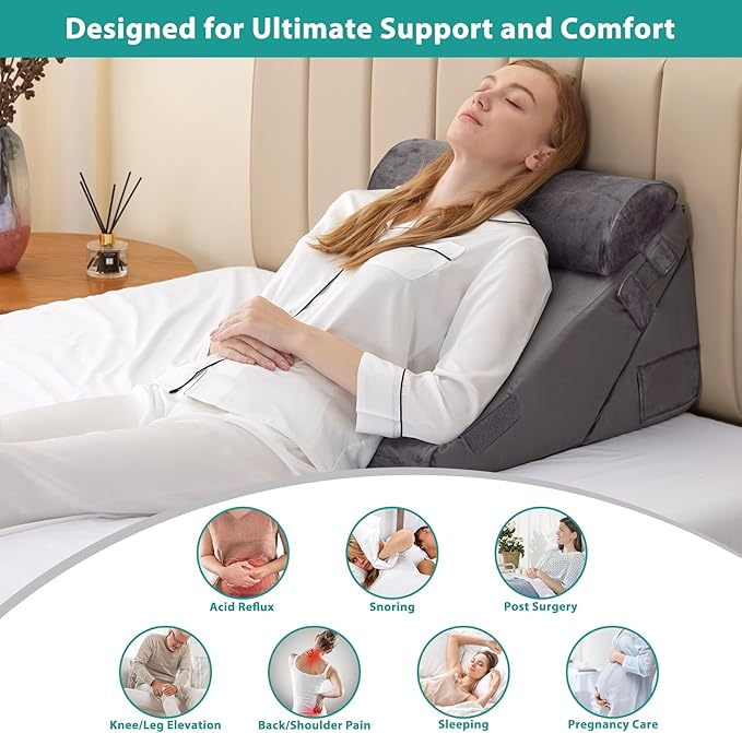 Bedluxe 3Pcs Orthopedic Bed Wedge Pillow Set, Foam Wedge Pillow Post Surgery for Back, Leg and Knee Support, Adjustable 9&12 Inch Folding Triangle Pillow for Sleeping, Acid Reflux, Snoring, Velvet