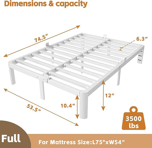 12 Inch Full Bed Frame, Platform Bed Frames with Metal Gaskets, Anti-Slip Mattress Stopper, No Box Spring Needed, Heavy Duty Steel Slat Support, Round Corner Leg, Easy Assembly, White