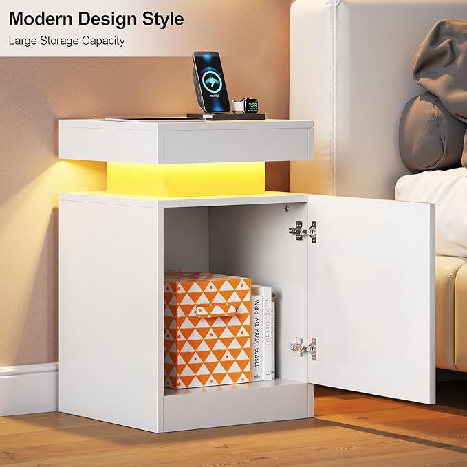 MXV Nightstand Set of 2 with LED Lights,Night Stand with Storage Cabinet for Bedroom,Bedside Table with LED (White, 15IN)
