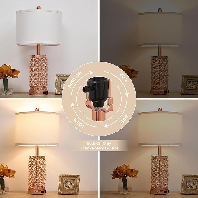 Crystal Table Lamps 3-Way Dimmable Bedroom Lamp with 2 USB Ports & AC Outlets for Living Room Retro Bedside Nightstand Lamp Night Light (Rose Gold- 1 Pack 24In)