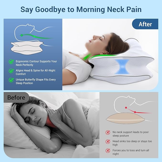 Memory Foam Cervical Pillow for Neck Support & Pain Relief, Butterfly Ergonomic Design – 24×15.75×5.7 Inches, Removable 100% Polyester Pillowcase, Suitable for Side & Back Sleepers