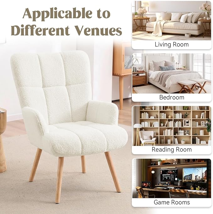 Joysoul Modern Accent Chair, High Back Arm Chair with Wood Legs Sofa Seat Teddy Fleece Fabric Reading Chair for Living Room Bedroom Waiting Room (White)