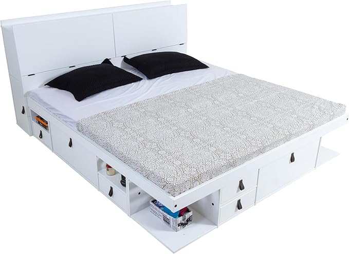 memomad Bali Set: Storage Platform Bed with Drawers + Bookcase Headboard (King Size, White Wood)