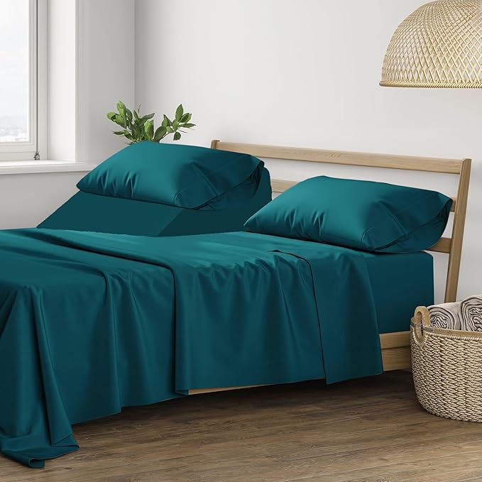THREAD SPREAD 100% Cotton Split King Sheets for Adjustable Bed - 400 Thread Count 5 PC Sateen Split Sheet Set, Soft, Breathable Cooling Cotton Sheets, 16" Deep Pocket Split King Bed Sheet (Teal)