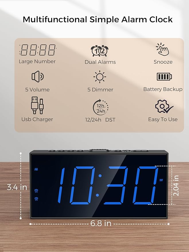 Digital Dual Alarm Clocks for Bedrooms, Large Big Numbers Display Electric Alarm Clock with Battery Backup, USB Port, Adjustable Alarm Volume, Dimmer, Easy to Set LED Desk Clock with Adapter Powered