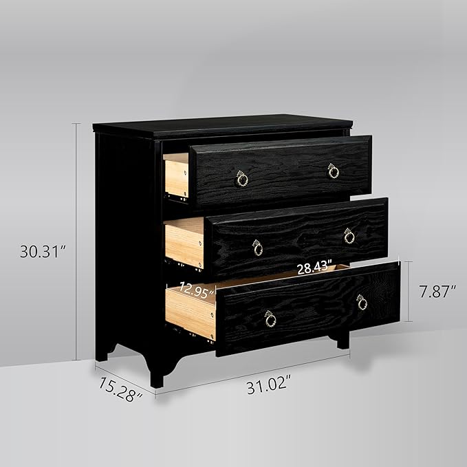 Chogori Solid Wood Dresser for Bedroom- Natural Wood Veneers & Water Based Paint Finished- Vintage Chests of Drawers, Small 3 Drawer Dresser (1, Black)
