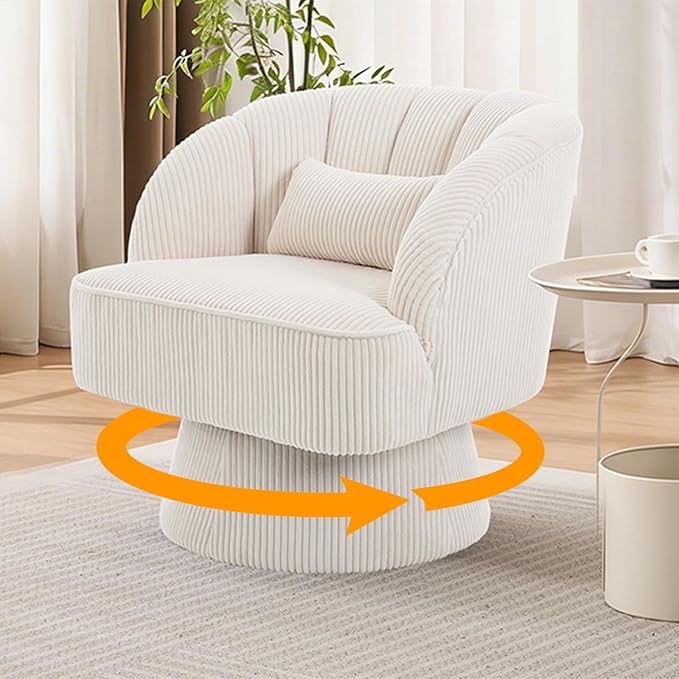 GarveeHome Modern Swivel Barrel Accent Chair, 360° Velvet Upholstered Armchair with Striped Backrest & Plush Padding, Comfy Round Lounge Chair (1, Beige + Corduroy)