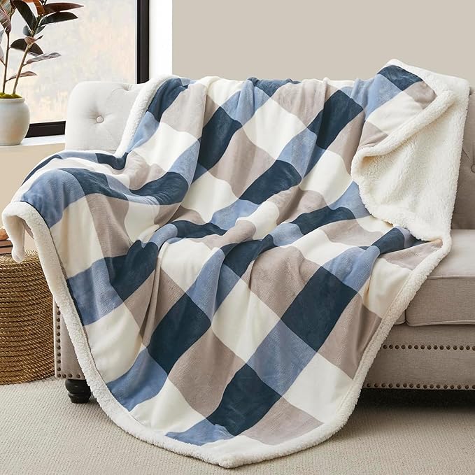 Sherpa Blanket Fleece Throw Blanket for Couch, Flannel Cozy Thick Warm Soft Twin Blanket for Bed, Gray-Soft Blue, 60x80 Inches